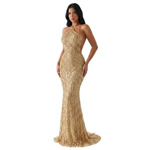 Vestido de Noche de Lujo con Lentejuelas al por Mayor, Vestido de Fiesta Sirena sin Espalda, sin Mangas, con Cuello Halter, Atuendo Formal Elegante para Mujer - Product Image 1