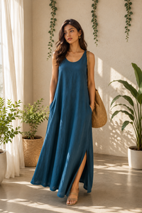 Vestido Maxi Boho sin Mangas de Lino/Algodón, Silueta en A, Cuello Redondo, Diseño Vintage Ecológico, Ropa de Oficina para Todas las Temporadas - Product Image 4