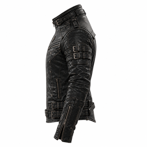 Veste de moto en cuir véritable pour hommes, col montant, fermeture éclair, coupe-vent, avec ceinture et poches, coupe ajustée - Product Image 4