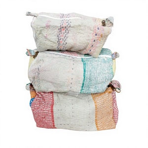 100% Pure Cotton Kantha Fabric Tassel Pattern Zipper Closure Eco-Friendly Durable Large <b>Makeup</b> Bag Pouch Set Soft Handle - Product Image 1