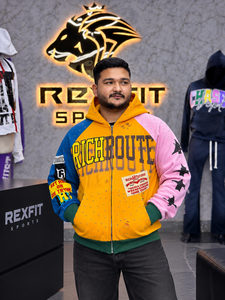 Sweat à capuche zippé surdimensionné personnalisé pour homme, en molleton épais, avec patchwork, graphisme en strass et patchs sur les manches, style streetwear - Product Image 1