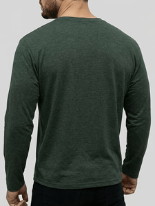 Men's Neck Short Sleeve Solid Green Cotton Jersey Casual T-Shirt Regular Fit Breathable Knitted Fabric 180g Eco-Friendly <b>Back</b> - Product Image 3
