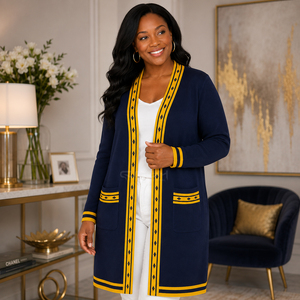 Cosh International Sorority Sisterhood Acrylic <b>Navy</b> <b>Blue</b> Long Knitted <b>Cardigan</b> With Yellow Contrast Trim And Pockets V-Neck - Product Image 4