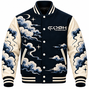 Blouson universitaire homme brodé nuage, style streetwear, col montant à boutons-pression, color block, pour l'automne, avec motif nuage brodé - Product Image 2
