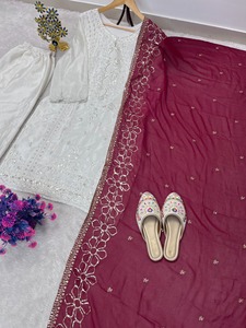 Indian Boutique Designer White Embroidered Trending <b>Top</b> and Plazzo with Heavy Dupatta for Indian Wedding Womans Dress Party Wear - Product Image 3