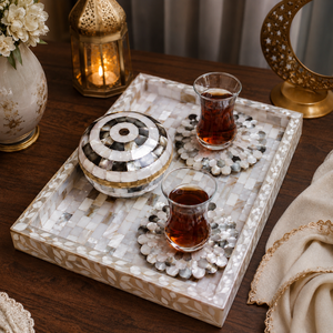 Bandeja Redonda para Servir con Incrustaciones de Madreperla |   Bandeja de Madera de Lujo Hecha a Mano |   Bandeja de Cocina Premium para Regalo de Decoración del Hogar en Ramadán y Eid Árabe - Product Image 5