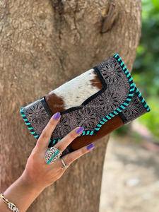 Portefeuille à lacets Turquoise en cuir repoussé pour femmes portefeuille en cuir de vachette véritable point à la main cheveux occidentaux sur portefeuille de carte de crédit caché - Product Image 2