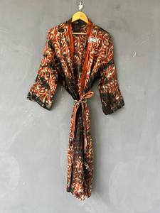 Bata Kimono de Algodón con Estampado de Bloques y Cuello en V para Mujer, Bata Larga Bohemia Hecha a Mano en India, Bata de Algodón con Estampado de Bloques - Product Image 4