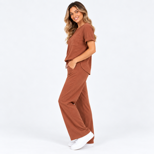 Ensemble de détente côtelé couleur rouille pour femme, T-shirt à manches courtes avec poches et pantalon large à cordon de serrage, tenue décontractée 2 pièces, vente en gros, vêtements OEM - Product Image 2