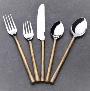 Vintage <b>Antique</b> Gold Handle Stainless Steel Cutlery Set Round Stem Flatware <b>Safe</b> Wedding Utensils - Product Image 3