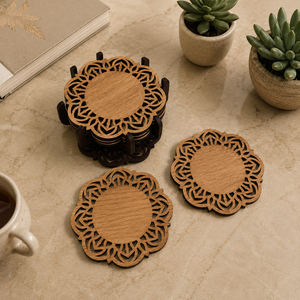 Floral Mandala Laser Cut Solid Wood Coaster Set Handcrafted Heat Resistant Drink <b>Mat</b> Decorative Coffee Tea Cup Holder - Product Image 1