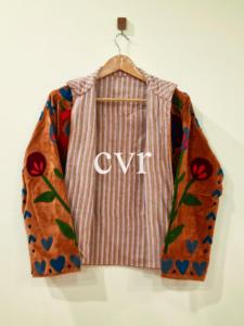 Chaqueta de Terciopelo Marrón Bordada con Cuello Mao, Manga Larga, Estilo Bohemio, Estampado Floral, Cierre de Cremallera, Ropa Exterior para Mujer - Product Image 4