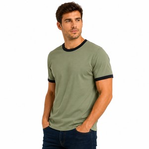 T-shirt Ringer Vert Olive pour Homme, Manches Courtes, Col Rond, Coupe Classique, Couleur Unie, 100% Coton Jersey Tricoté Épais - Product Image 4