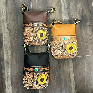 2025 Women Designer Wholesale Custom Hand Tooled Cow Leather Waist <b>Bag</b> with Floral & Turquoise Concho Western Style Mobile <b>Bag</b> - Product Image 5