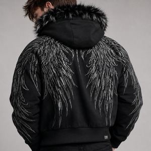 Sudadera con Capucha Negra para Hombre, con Ribete de Piel, Patrón de Alas Bordadas en Blanco, Estilo Deportivo Invernal, con Pedrería, 100% Algodón, Ecológica - Product Image 6