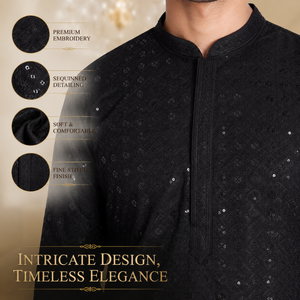 Premium <b>Men's</b> Sequined Embroidered <b>Kurta</b> Pajama Set | 100% Rayon Mandarin Collar Long Sleeve Indian Ethnic Traditional Festive - Product Image 4