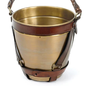 Luxury Antique Brass <b>Ice</b> Pail with Stitched Brown Leather Carrier Handle Farmhouse Style Iron Drink Tub Party 12L - Product Image 1