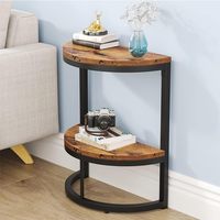 Table d'appoint demi-lune à 2 niveaux avec plateau en bois - Table console d'angle semi-circulaire avec structure en métal noir, table d'appoint pour canapé