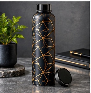 Copper <b>Water</b> <b>Bottle</b> Black with Gold Geometric Pattern <b>UV</b> Printed Modern Luxury Portable Design - Product Image 1