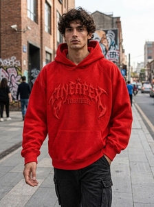 Sudadera con capucha roja para hombre, estilo oversize, con relieve, estilo urbano, con logo frontal, venta al por mayor - Product Image 5