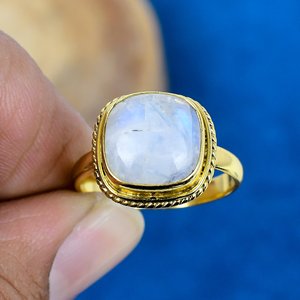 Natural Rainbow Moonstone Cushion Shape Gemstone <b>Ring</b> 18k Gold Micron Over 925 Sterling Silver - Product Image 1