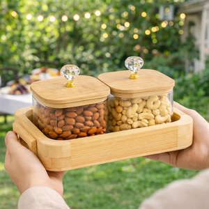 Trending storage jar Dried Fruit Serving <b>Tray</b> Square Glass Spice Organizer with Natural Wood Handle for Festive Holiday Banquets - Product Image 2