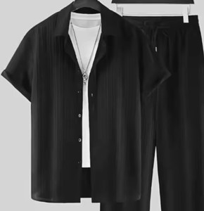 Men's Striped Short Sleeve Shirt With Turn-<b>down</b> Collar And Drawstring <b>Pants</b> Set Summer Casual Wear 100% Cotton - Product Image 4