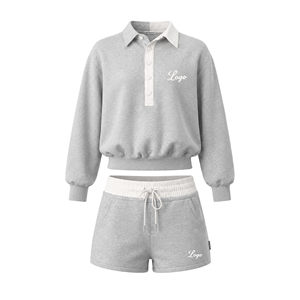 2026Women's Custom logo Two-piece <b>Sets</b>: Color-blocked Turn-down Neck Sweatshirts and Shorts Setsp Casual Long-sleeve <b>Set</b> - Product Image 4