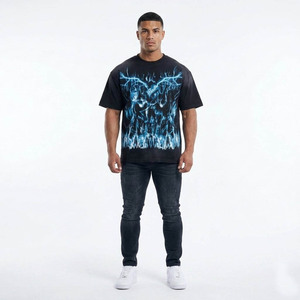 T-shirt à manches courtes noir pour homme avec imprimé crâne bleu et éclairs, col rond, coupe décontractée, jersey de coton - Product Image 1