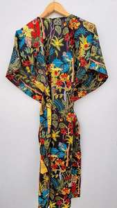 ชุดคาฟตันผ้าฝ้ายพิมพ์ลายดอกไม้ทำมือ, ชุดเดรสยาวสำหรับผู้หญิง, ชุดคลุมชายหาด - Product Image 6