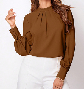 Blusa Elegante de Primavera para Mujer, Informal de Oficina, Transpirable, de Gasa, con Mangas Farol Plisadas, Cuello Alto y Botones Decorativos Frontales, No Tejida - Product Image 2