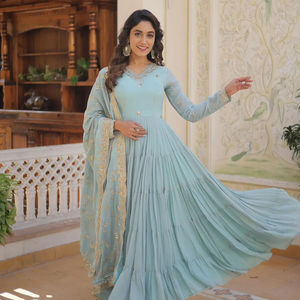 Robe longue en faux georgette avec broderies riches et sequins, ensemble dupatta, tenue de soirée, 4 saisons, entièrement cousue, prête à porter, magnifique - Product Image 1