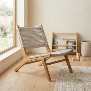 Nuevo Sillón Moderno Minimalista de Madera de Teca, Silla de Ratán Blanco Tejido sin Brazos, Silla de Descanso para Patio y Sala de Estar - Product Image 3