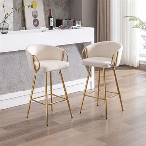 Set di 2 Sgabelli da Bar Moderni Color Crema, 30 Pollici, Design Semplice Antico con Poggiapiedi e Base Cromati, Velluto + Gambe Dorate - Product Image 3