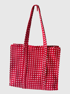 Sac fourre-tout en coton à carreaux rouges, ouvert en dessus, pour femmes, sac de shopping, utilisable toute l'année - Product Image 2