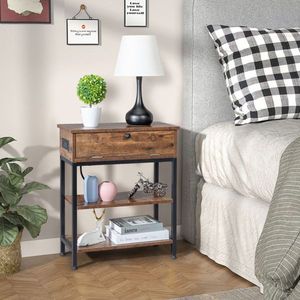 Comodino FCH a 2 strati con telaio, in truciolato colore venatura legno antico con anta laterale in tubo di ferro nero Triamine - Product Image 1