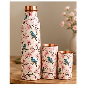 Ensemble de bouteilles d'eau en cuivre avec motifs floraux modernes, design cerisier et oiseaux, vaisselle de voyage portable, style oriental - Product Image 1