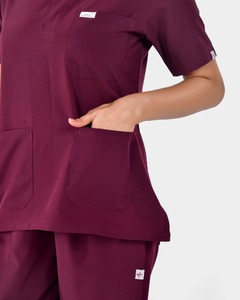 Burgundy Wine Medical Scrub Set <b>Women</b> <b>Short</b> Sleeve Mandarin Collar Scrub Top with Pockets and Matching <b>Trousers</b> Uniform - Product Image 4