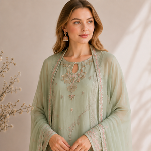 Conjunto de Salwar Kameez Tradicional Bordado en Chifón Verde Claro Premium para Mujer, Corte Regular, para Primavera, Uso Formal/Casual, Sin Arrugas - Product Image 2
