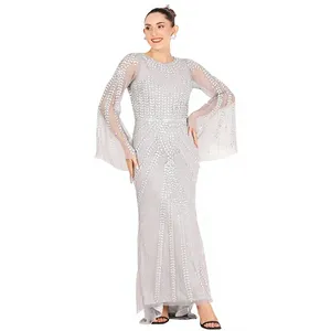 Robe de soirée longue à manches longues, ornée de perles, robe de soirée brodée de fleurs pour femmes - Product Image 1
