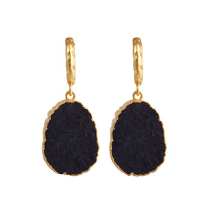 <b>Black</b> Onyx Hoop <b>Earrings</b> Gold Plated Jewelry Raw Stone <b>Dangle</b> <b>Earrings</b> Gift for Her V - Product Image 2