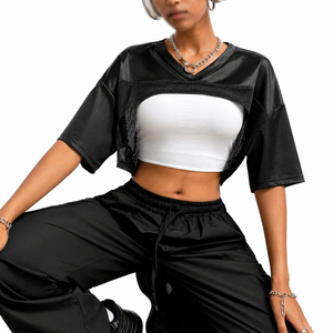 Camiseta Corta de Fútbol Americano Personalizada para Mujer, Negra, de Malla, con Parches de Satén, Manga Corta, OEM, ODM, Venta al Por Mayor - Product Image 1
