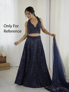 Ensemble Lehenga Choli bleu foncé à sequins, longueur standard, robe de mariée indienne traditionnelle, tenue de soirée pour femme, coupe classique, sans plis - Product Image 1