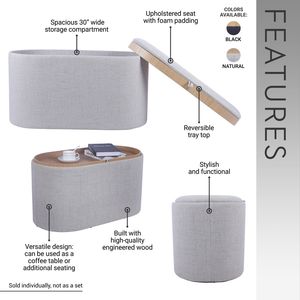 Pouf Contenitore Reversibile in Legno con Vassoio Superiore, Colore Naturale - Categoria Prodotto: Sgabelli e Pouf - Product Image 3