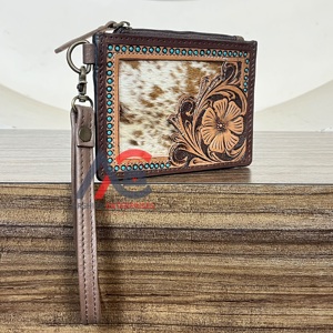 New Designer Hand Tooled Cowhide Leather Slim <b>Card</b> Holder Luxury Floral Pattern Multifunctional Travel Zipper <b>Wallet</b> <b>For</b> Unisex - Product Image 1
