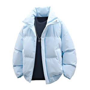 Light Blue Unisex Puffer <b>Jacket</b> Stand Collar Zipper Closure Windproof <b>Thick</b> Polyester Winter Casual Regular Fit Bomber <b>Jackets</b> - Product Image 1