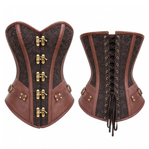 Brown Leather <b>Corset</b> With Gold Hooks And Eye Closure Front Back <b>Lace</b>-<b>Up</b> Design Women Shapewear Firm Control - Product Image 1