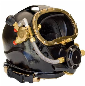 Casco de buceo comercial negro de alta resistencia con adornos de latón, marco de ventana frontal y conjunto de válvula de control lateral. - Product Image 1