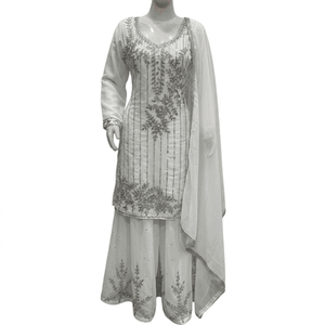 FAMUCAAS Hermoso Conjunto de Vestido Bordado a Mano para Mujer con Salwar/Plazo/Sharara de Georgette Blanca para Bodas y Fiestas, Ropa Étnica - Product Image 1