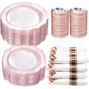Set di Stoviglie Monouso Oro Rosa Trasparente da 350 Pezzi Include 100 Piatti Piani/Dessert, 50 Bicchieri, 50 Tovaglioli Pre-Arricciati per Feste - Product Image 1